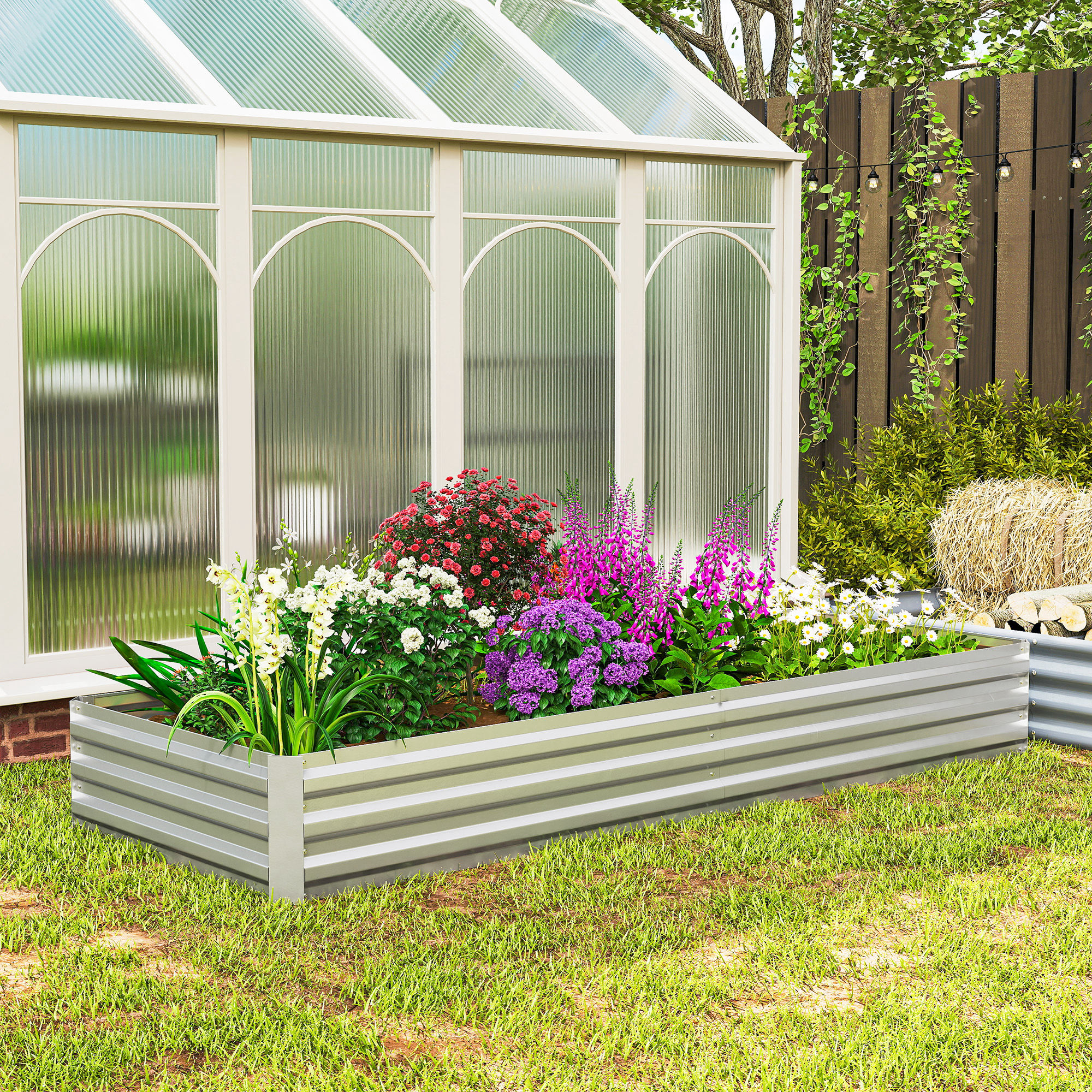 Rechteckiger Gemüsepflanzkasten Für Den Garten, Pflanzkasten Für Den Außenbereich, 241 X 90,5 X 30 Cm, Silberfarbenes Wellblech.