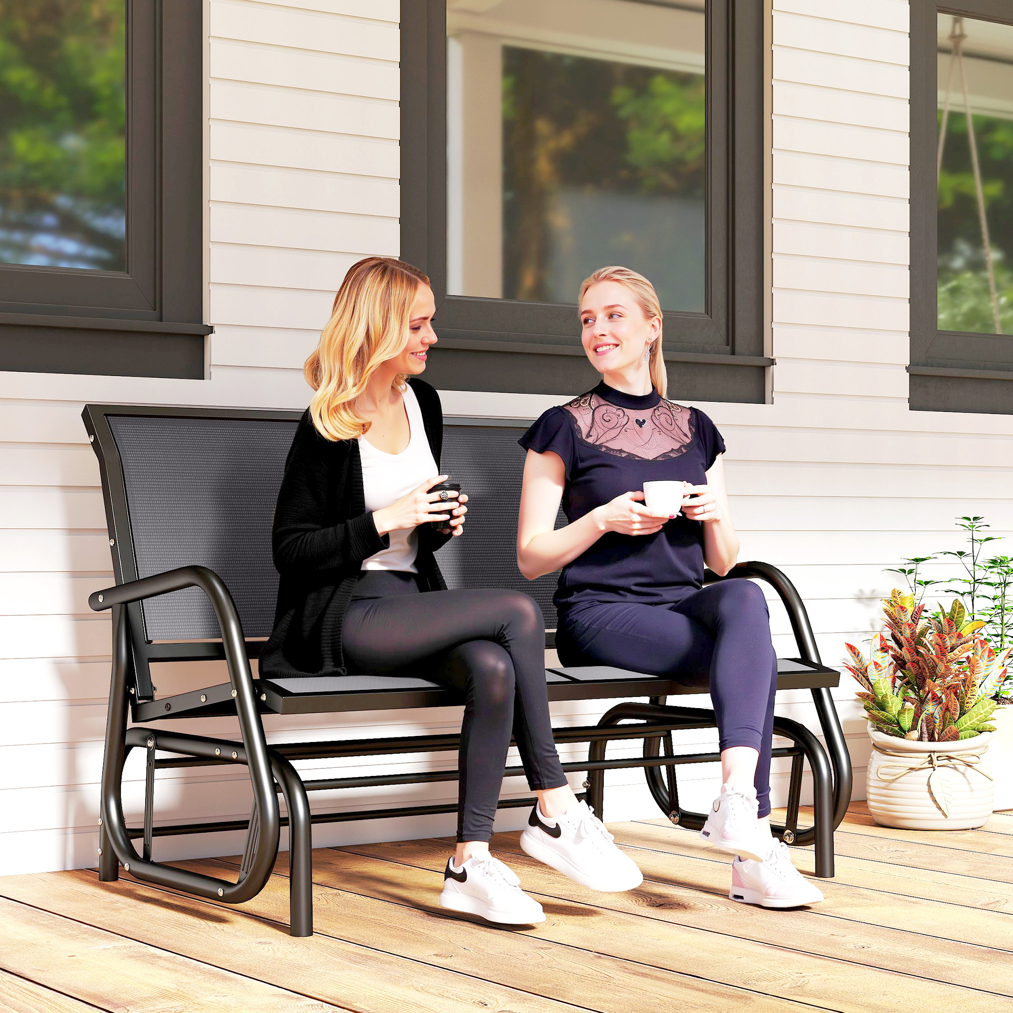 Zweisitzige Gartenschaukelbank, Modernes Design, Hoher Komfort, Armlehnen, Ergonomische Sitzfläche Und Rückenlehne, Aus Stahl Und Textil, Grau.