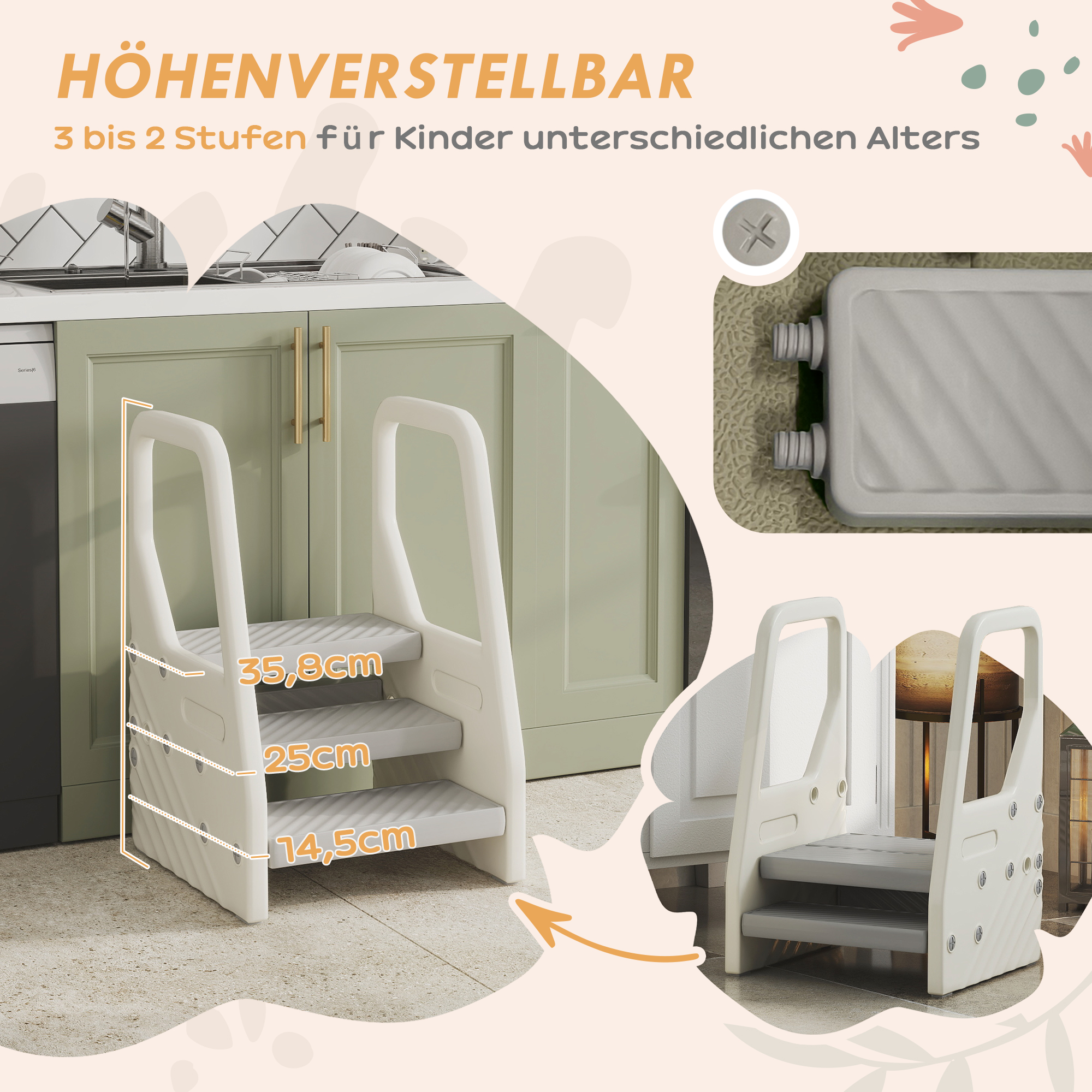 Kindertritthocker, Höhenverstellbar (von 3 Auf 2 Stufen), Mit Griff, Rutschfest, Für Verschiedene Räume Geeignet, Kunststoff, Grau.
