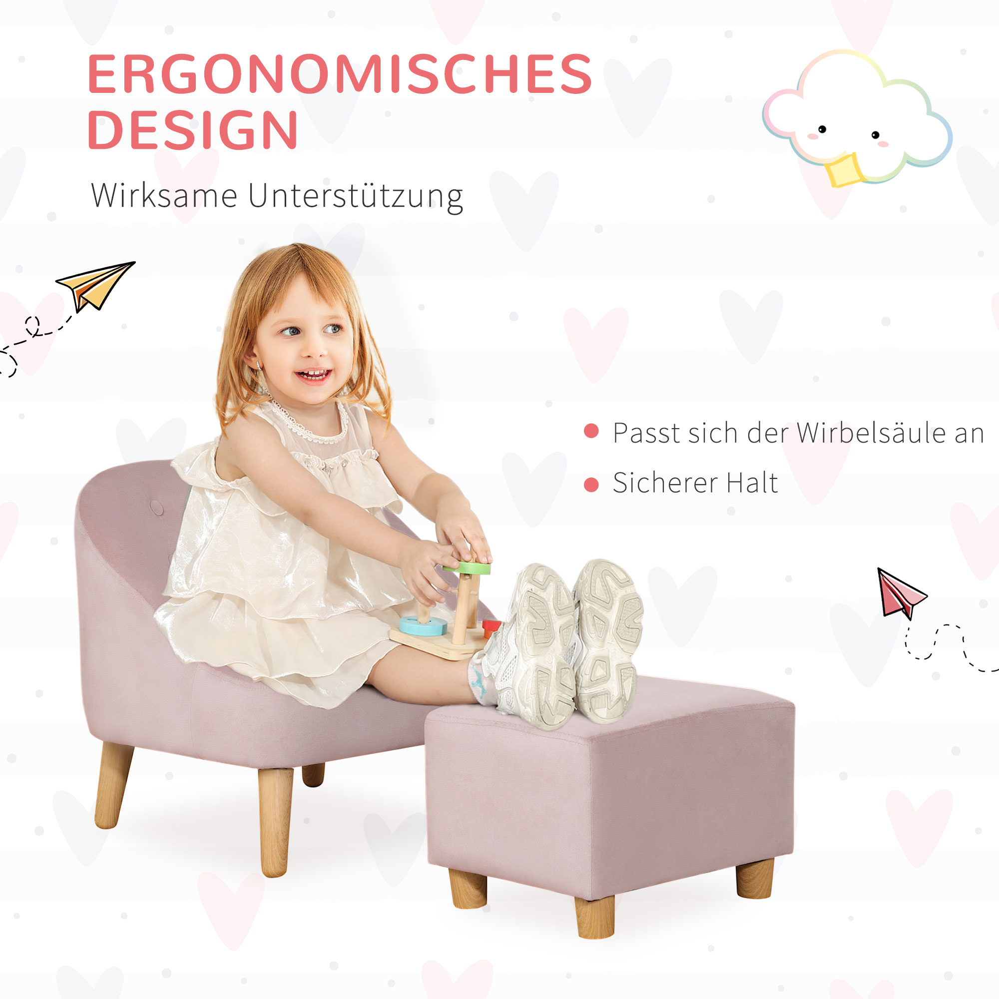 Ein Kinderstuhl Mit Hocker Für Kinder Von 3 Bis 5 Jahren. Niedliches Design, Samtbezug. 51 Cm X 51 Cm X 50 Cm. Rosa.