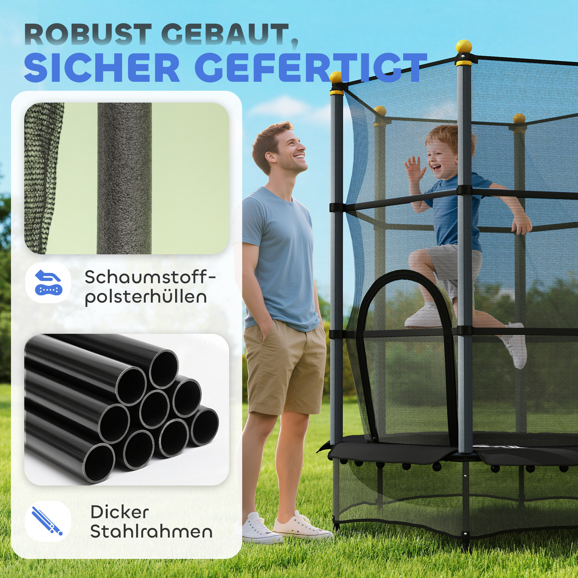 Kindertrampolin, Ø140 Cm, Mit Sicherheitsnetz, Für Den Innen- Und Außenbereich, Stahl, Kunststoff, Tragfähigkeit Bis Zu 50 Kg, Schwarz.