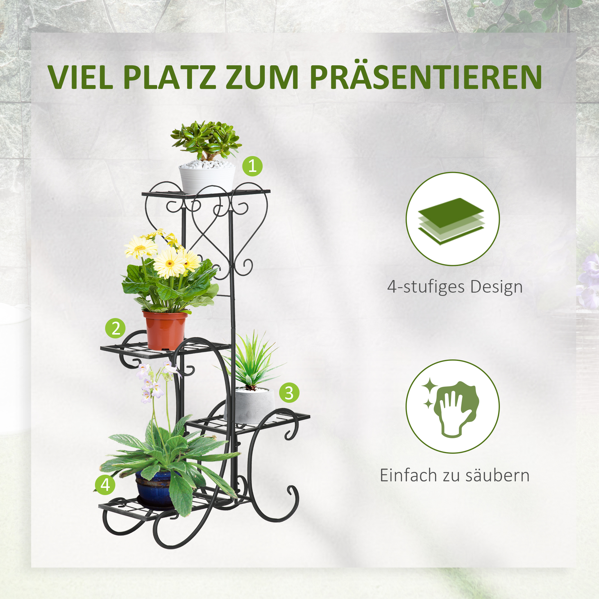 Metall-blumenständer, 4-stufig, Pflanzenregal, Blumenleiter, Blumenständer Für Drinnen Und Draußen, Garten, Balkon, Schwarz, 45 X 24,5 X 80 Cm