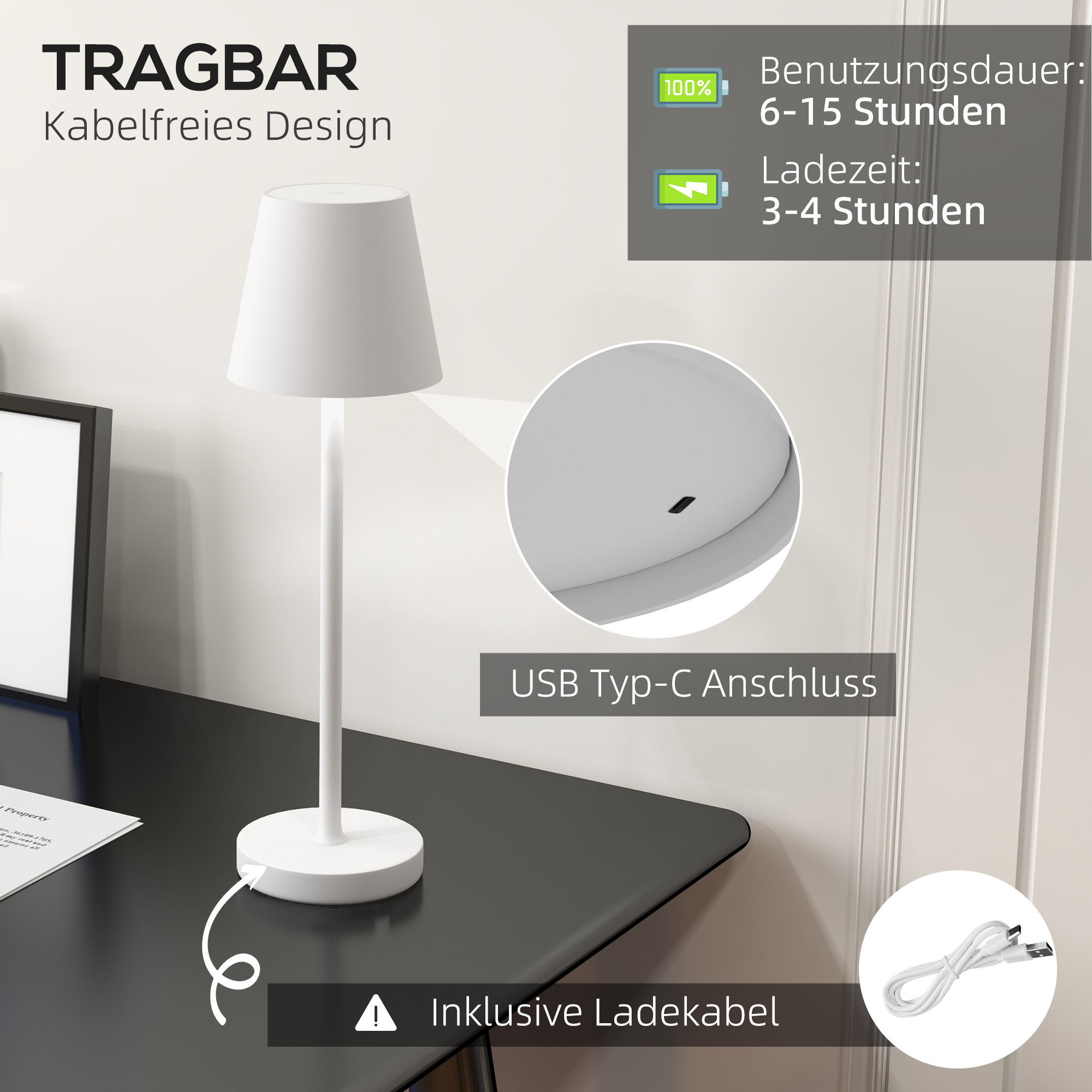 Wiederaufladbare Usb-tischlampe Mit 3 Lichtmodi, Tragbare Usb-lade-nachttischlampe Mit Berührungsschalter, Metallgehäuse, Weiß.