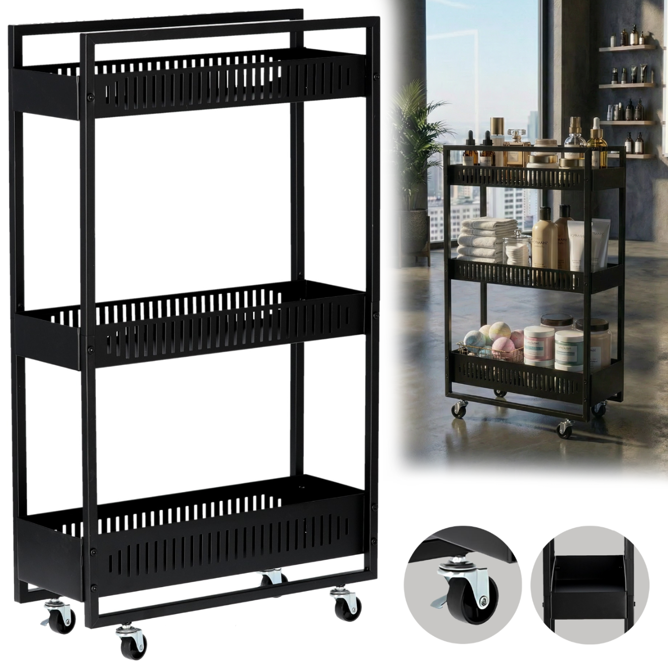 Friseursalon-kosmetikwagen Für Salonregale, Mobiles Regal Auf Rollen Für Salons, Schwarz