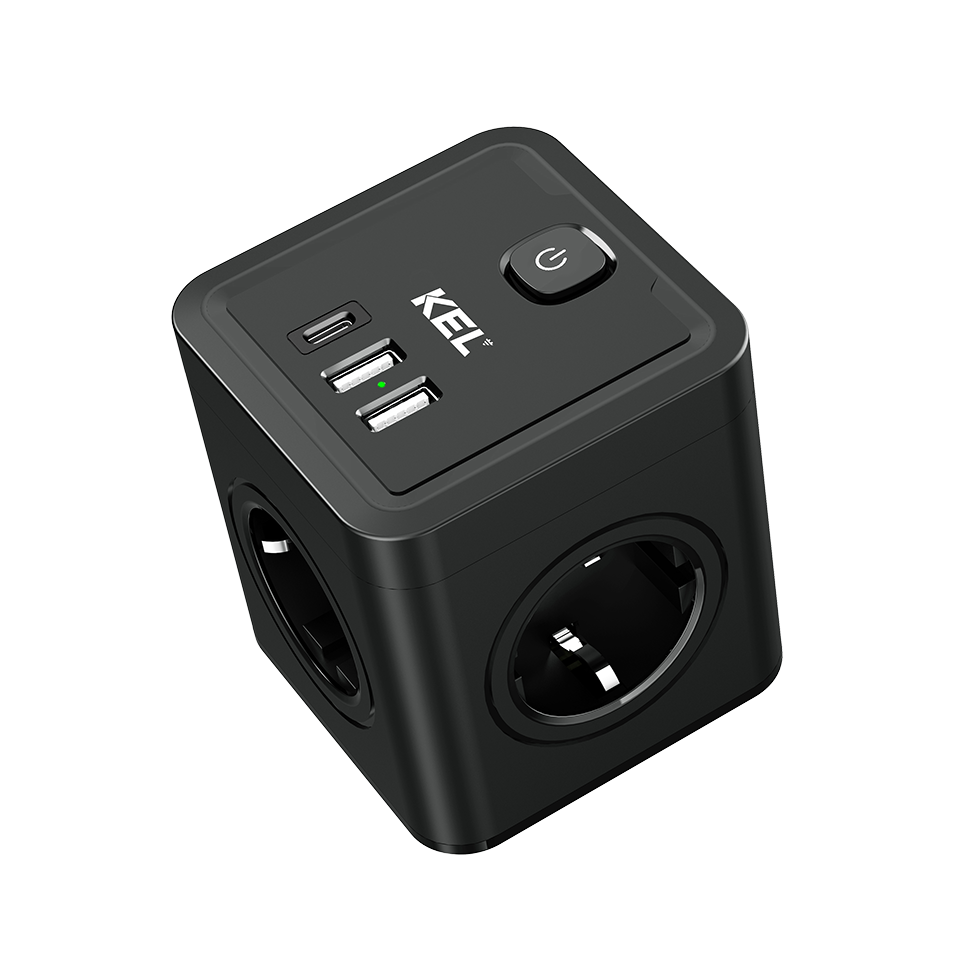 Elektrischer Verteiler, 4-fach Schuko-steckdose, 3x Usb A+c, Schwarz