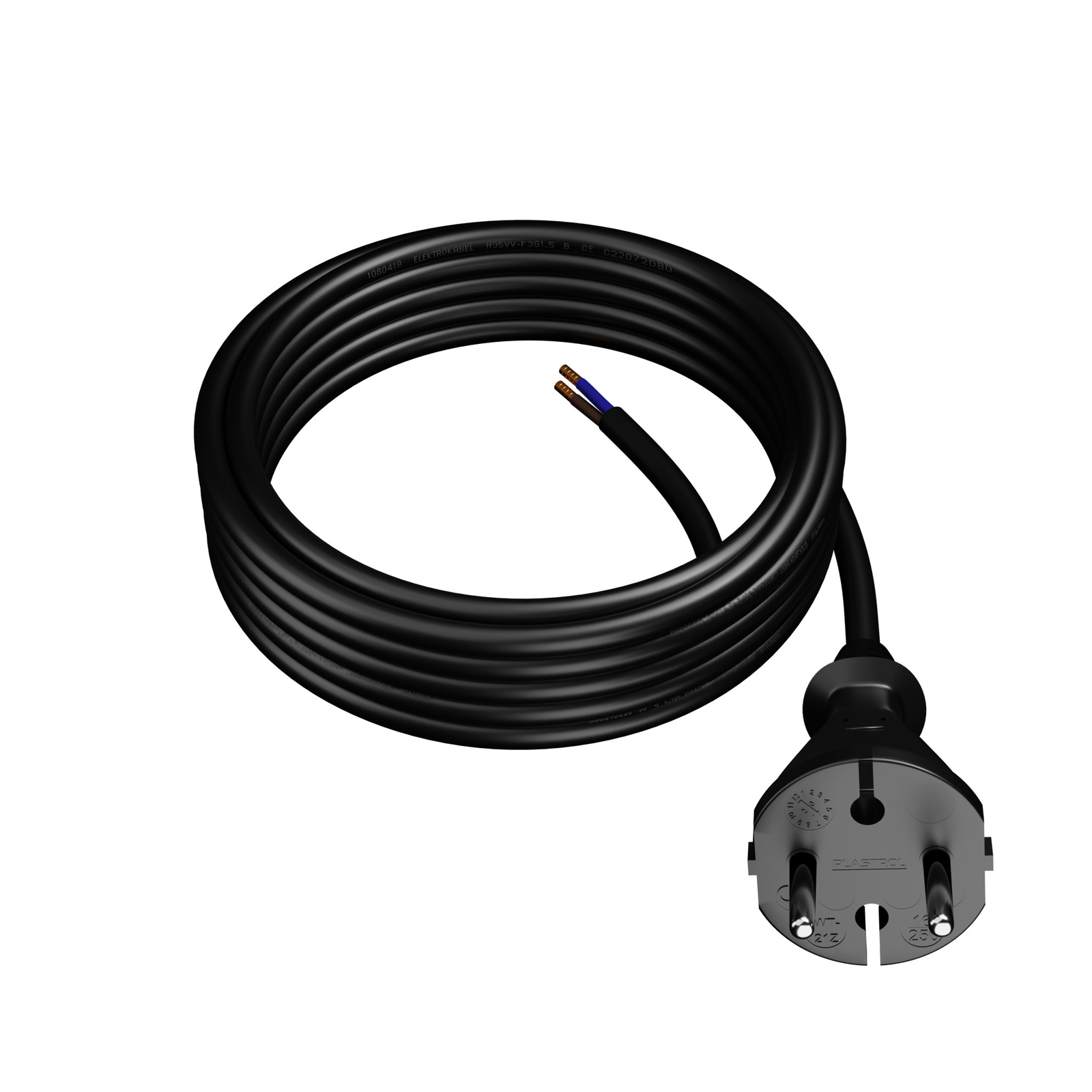 Gummistromkabel Mit Geradem Stecker, 5 M, 2 X 1,5 Mm², Typ E, 16 A, Schwarz