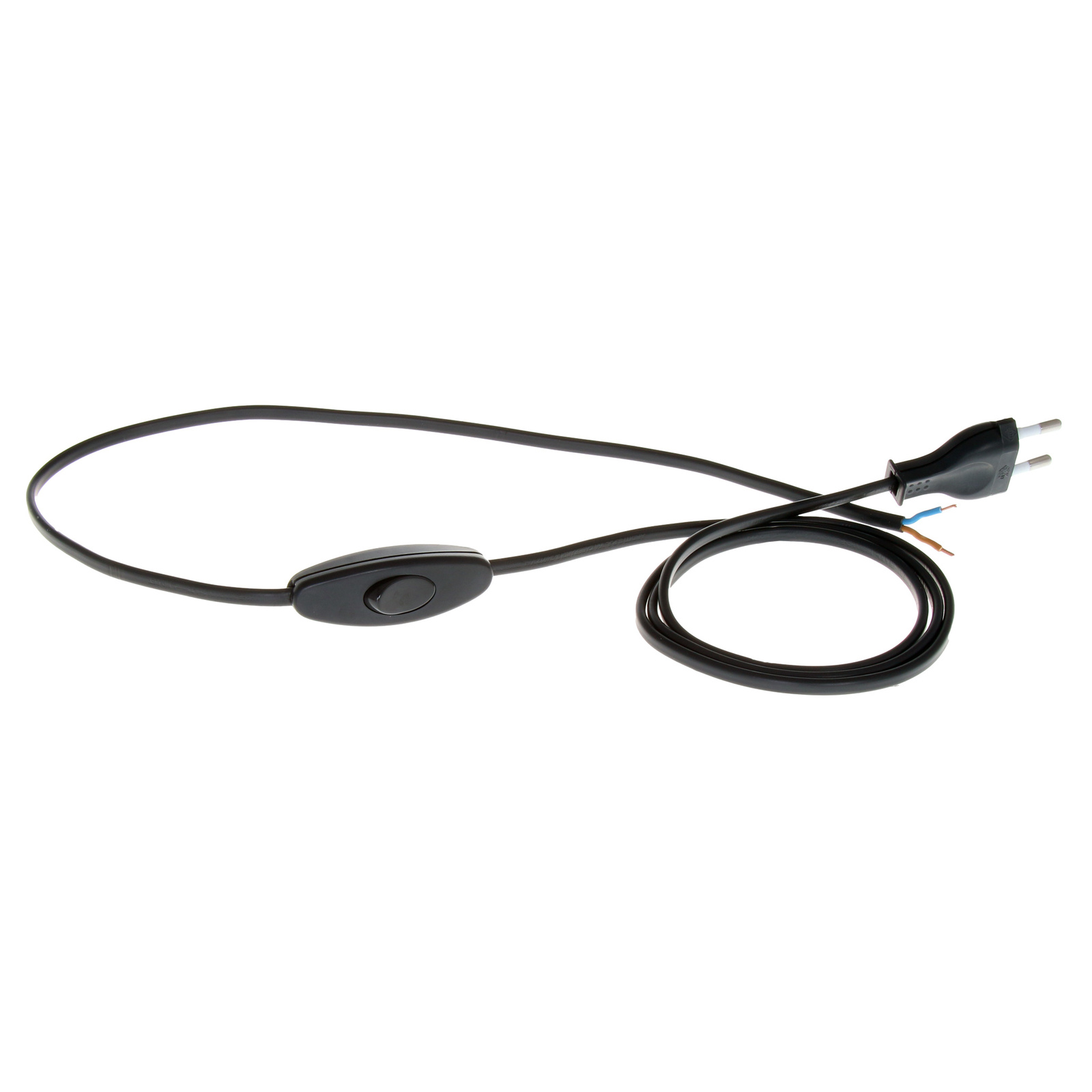 Kabel Mit Schalter, 1,5 M, 2 X 0,75 Mm², Mit Flachem Stecker, Schwarzes Netzkabel