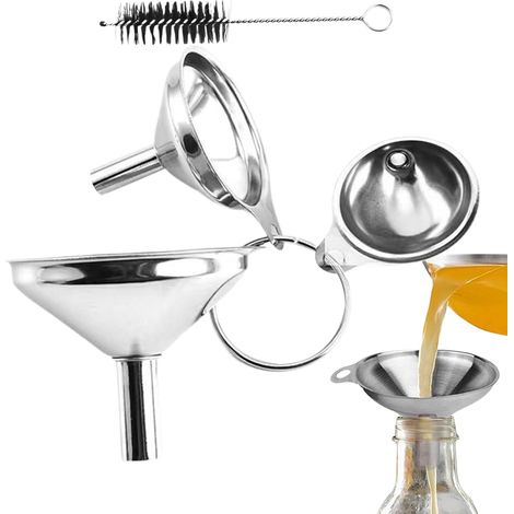 Stainless Steel Funnels For Kitchen Use- Food Grade Metal Funnels With Cleaning Brush, Durable 3-piece Set For Oil Liquid Jam Powder