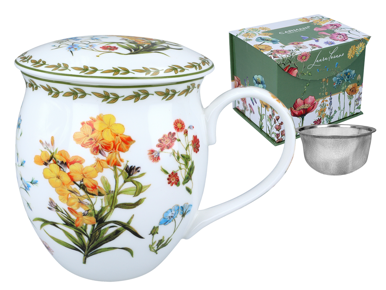 Porzellanbecher Mit Deckel, Wildblumenmuster, Für Kaffee Oder Tee