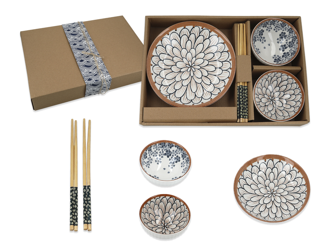 Set Aus 2 Schüsseln, Essstäbchen Und Teller Für Ramen-reis, Asiatische Küche