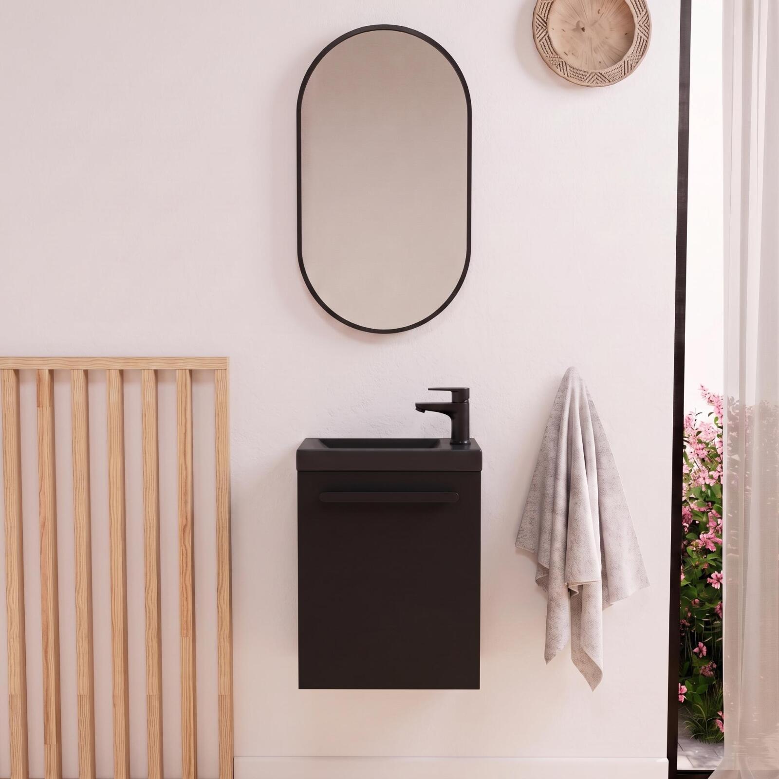 Ensemble Lave-mains Suspendu Nevada Avec Robinet Noir Et Miroir Ovale