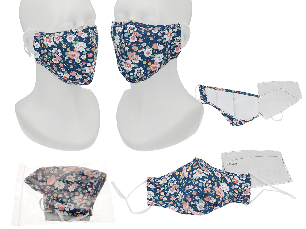 Wiederverwendbare Gesichtsmaske Mit Marineblauen Blumen