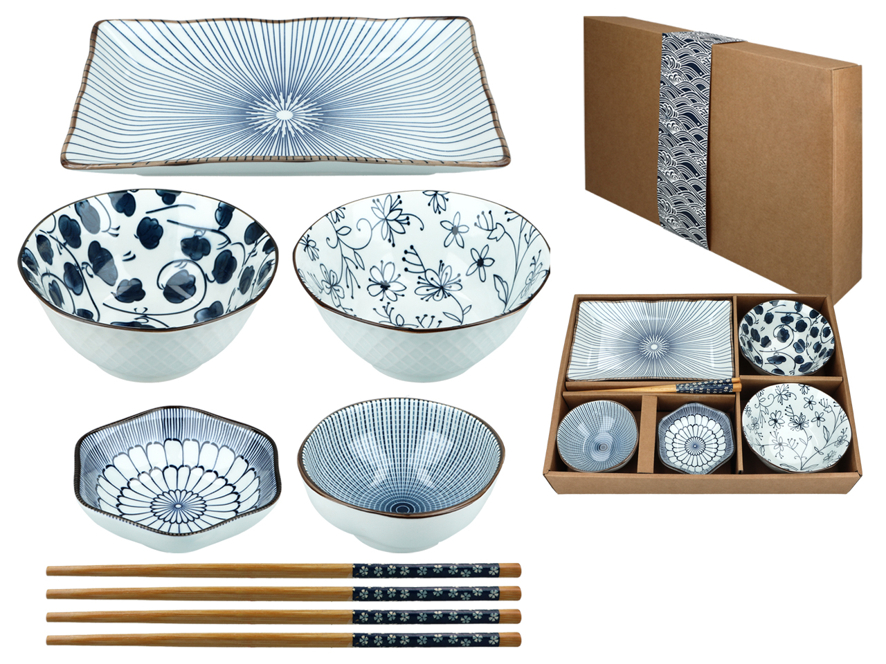 Sushi-set, 4 Schüsseln, Teller, Essstäbchen, Geschirrset