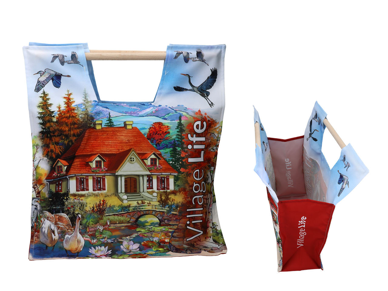 Einkaufstasche „village Life“ Mit Holzgriff