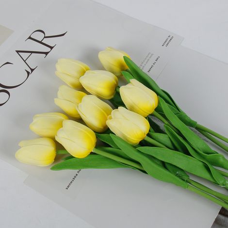 20pcs Fake Light Yellow Flowers Artificial Tulip Silk Flowers 13.5" For Mother's Day Easter Valentine’s Day Gifts In Bulk Home Kitchen Wedding Decorations