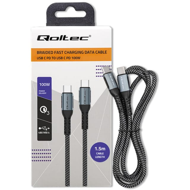 Qoltec USB 2.0 Typ C Kabel USB 2.0 Typ C 100W QC 3.0 PD 1,5m Schwarz