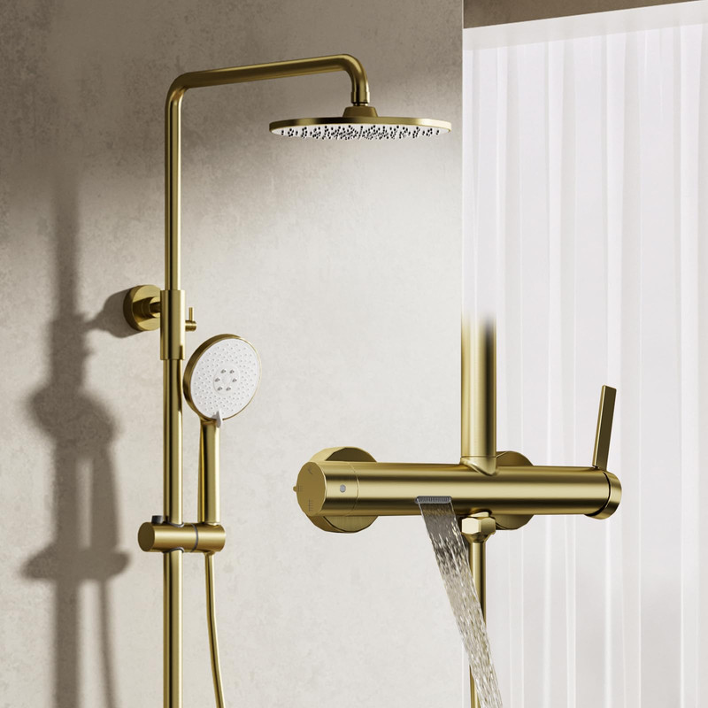 Duscharmatur Gold Duschsystem Komplettset Regendusche Mit Armatur Duschsäule Mit 23 Cm Runder Regenduschkopf, 3-funktion Handbrause, Einhebel-mischbatterie Für Kaltes Und Warmes