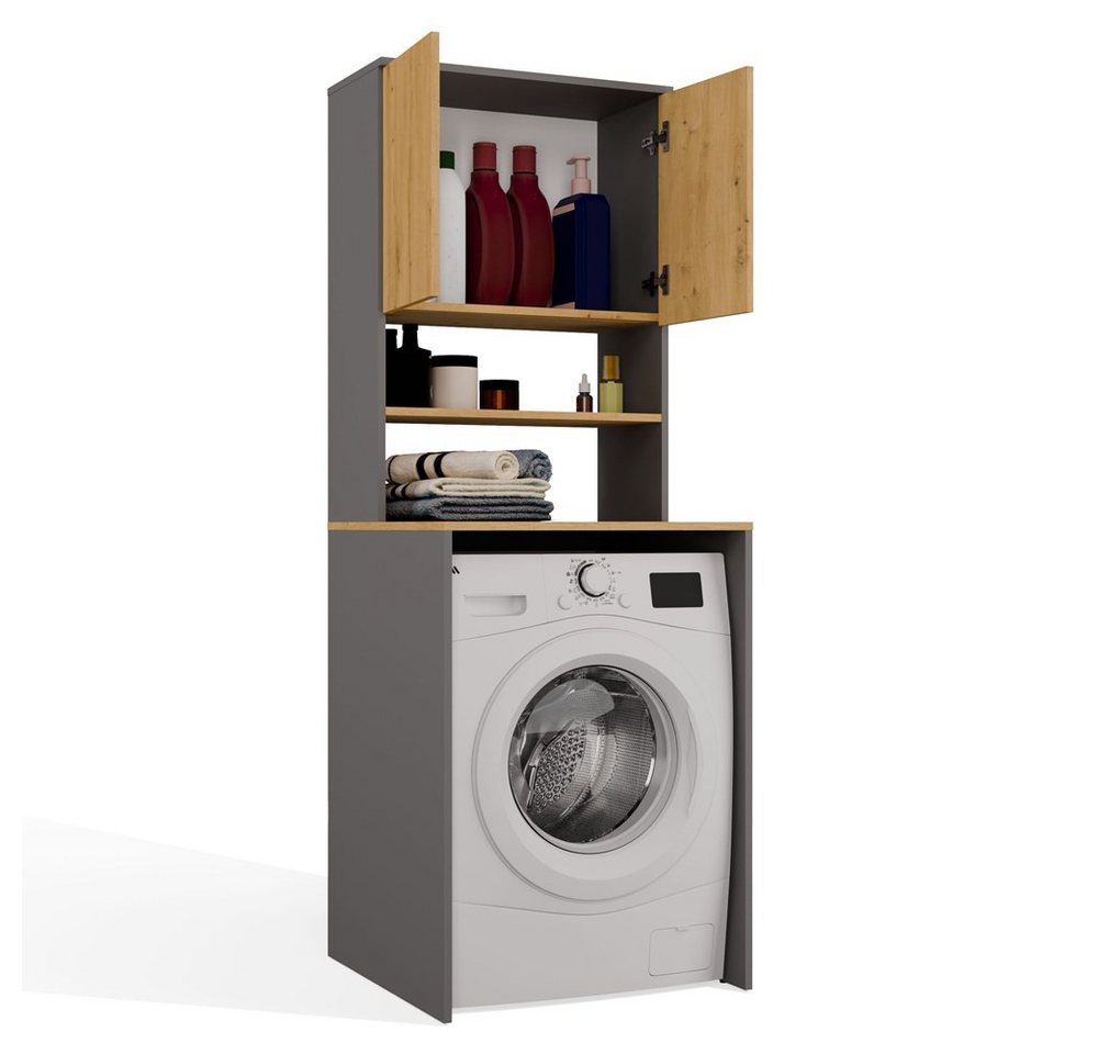 Multifunktionaler Badezimmerschrank Über Der Waschmaschine, Säule, Ablage, Anthrazit, Eichenholzoptik Bild 2