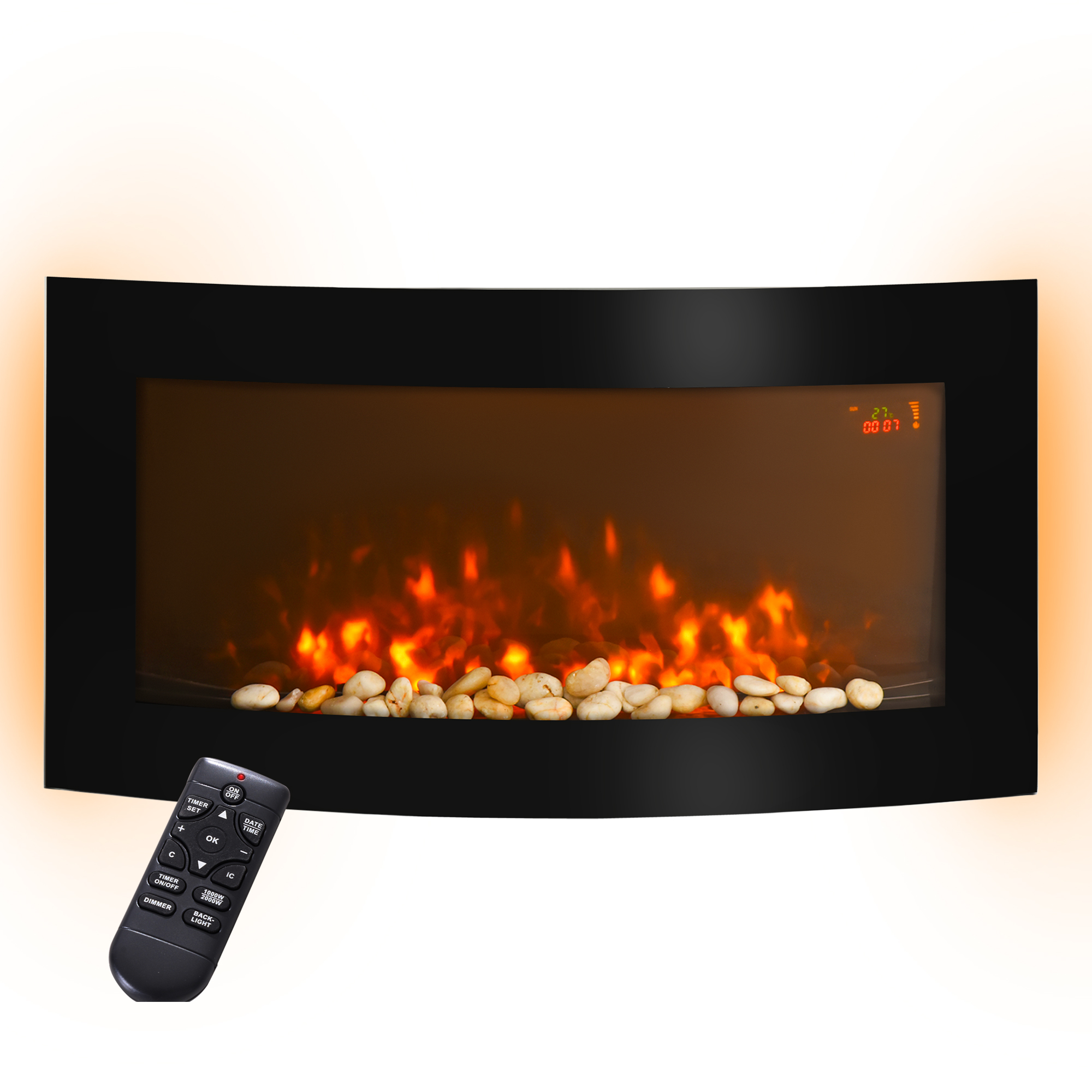 Elektrischer Wandkamin Mit 7-farbiger Led-beleuchtung, 1000/2000 W Leistung Und Temperaturregelung Von 15 Bis 30 °c, Schwarz