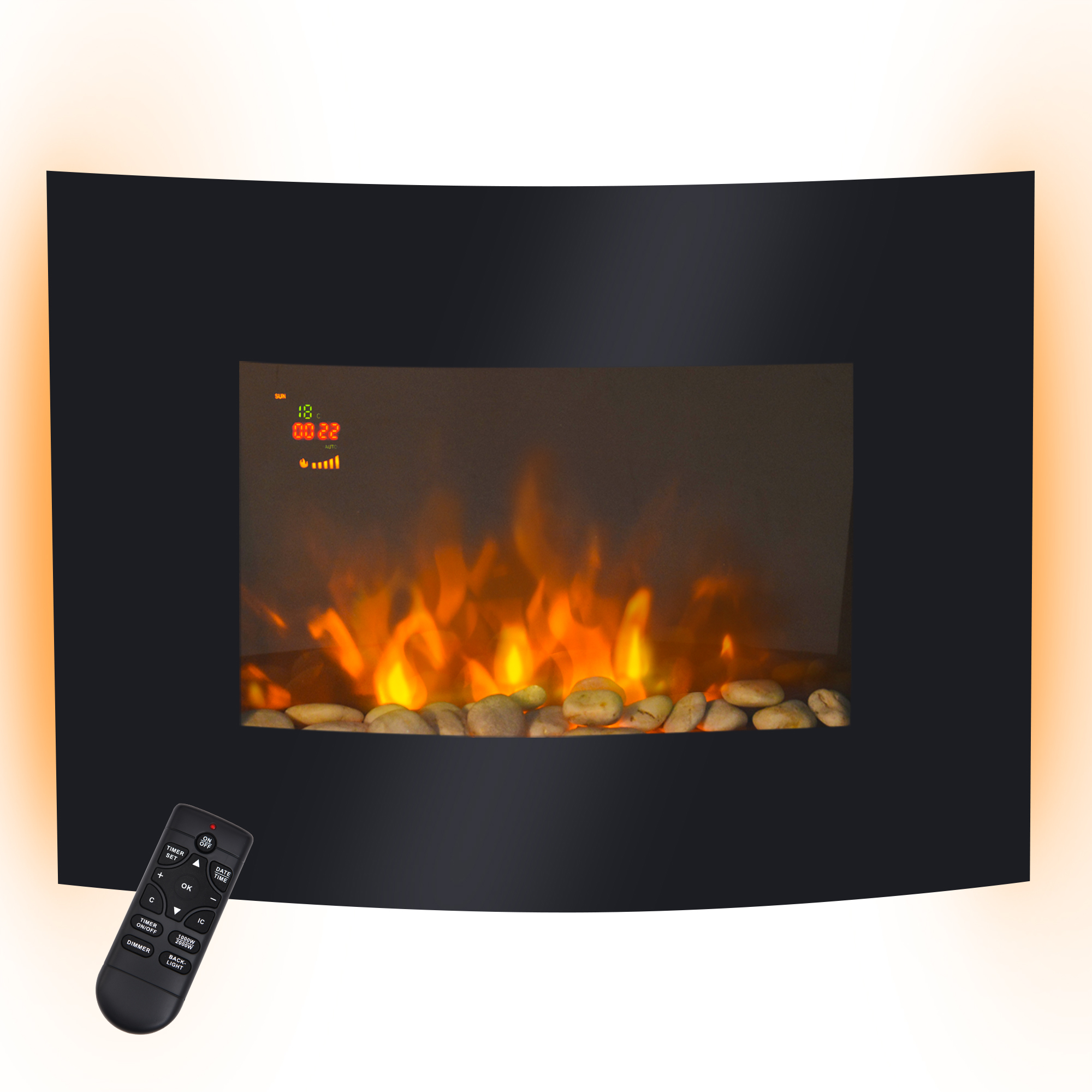 Elektrischer Wandkamin Mit 2 Heizstufen (900–1800 W), 7 Einstellbaren Flammenfarben Und Fernbedienung, Schwarz