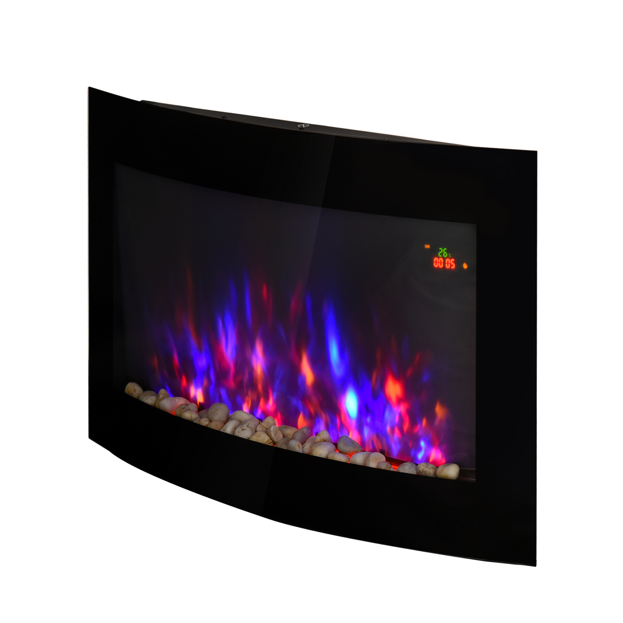 Elektrischer Wandkamin Mit Farbigem Flammeneffekt Und Fernbedienung, 1800 W, Einstellbare Temperatur, Thermostat, Timer Und Überhitzungsschutz, Schwarz