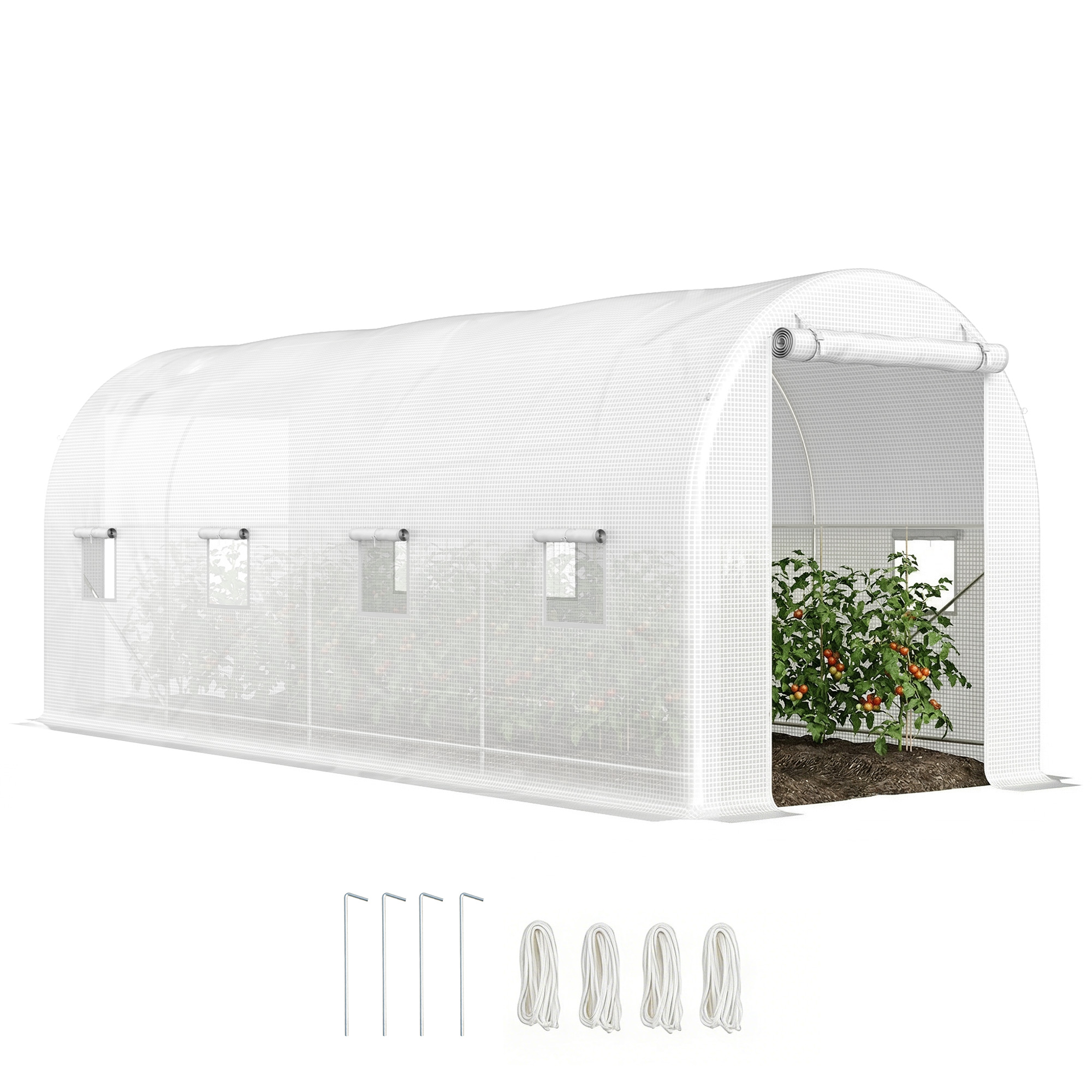 Tunnelgewächshaus 500 X 200 X 205 Cm, Gartengewächshaus Mit Rolltor Und 8 Fenstern, Weiße Polyethylenfolie (140 G/m²)