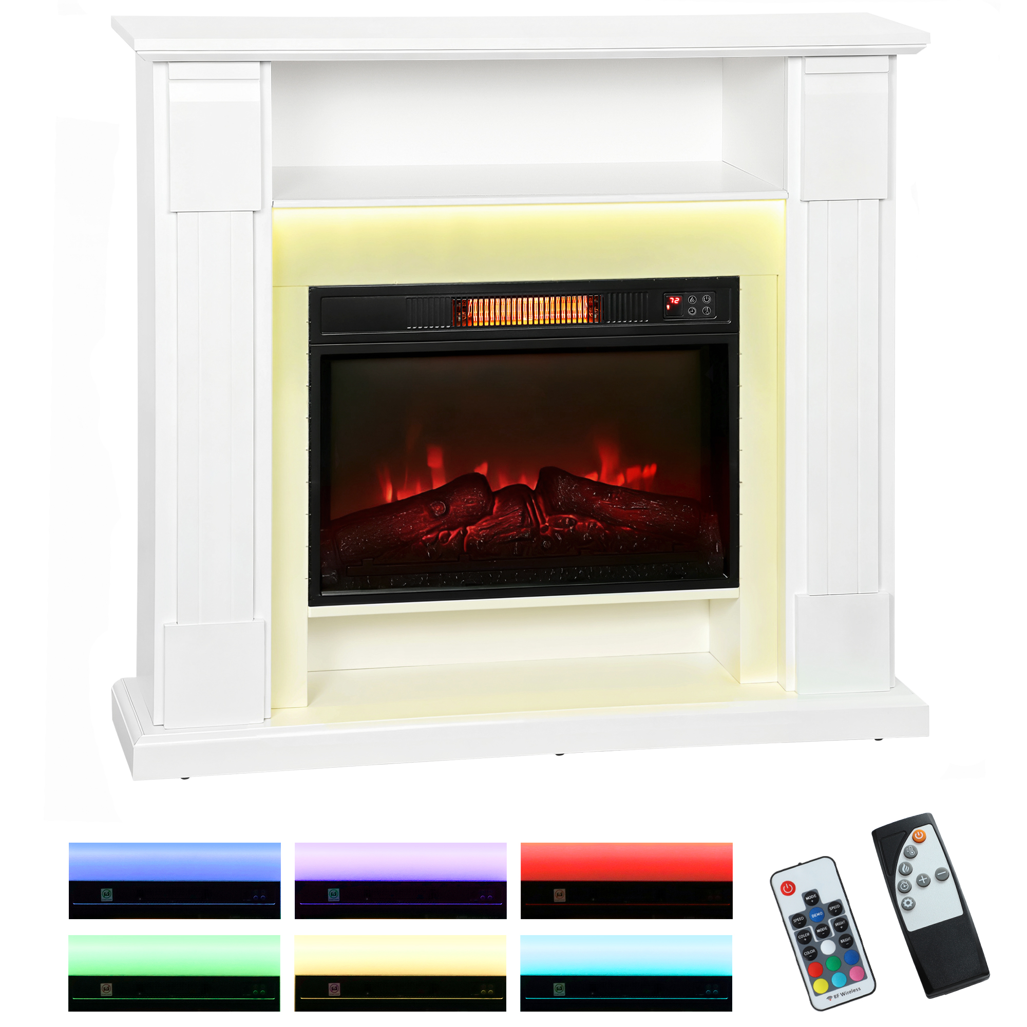 Verstellbarer Elektrischer Kamin Mit 1800 W Leistung, 3d-flammeneffekt, Ablagefläche, Timer Und Fernbedienung, 105 X 27 X 97 Cm, Weiß