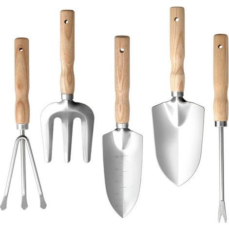 Five-piece Gardening Tool Set - Made Of Rust-resistant Stainless Steel - With Non-slip Wooden Handles - Includes: Small Shovel, Trowel, Fork, Tiller, And Weeder - Lightweight And Portable.