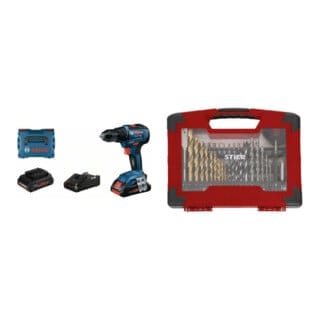 Akku-Bohrschrauber gsr 18V-55, 2x 4,0Ah ProCORE18V, Ladegerät – 2-teiliges Set mit TiN-Bohrer-, Säge- & Bit-Set, 100-tlg - Bosch