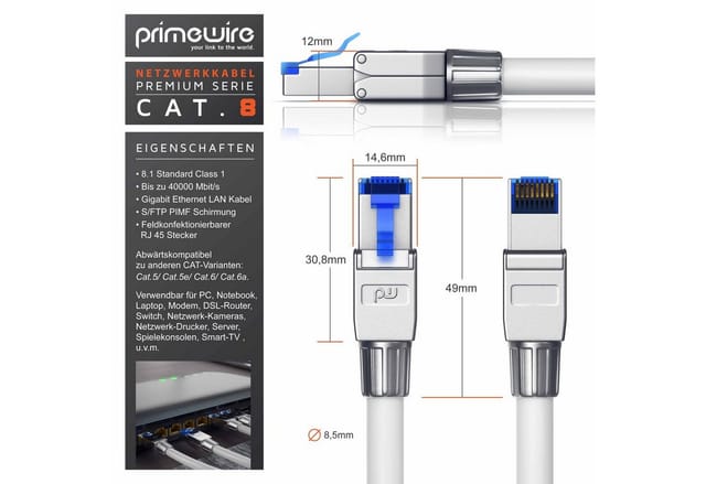 Primewire - Patchkabel cat 8 - Gigabit Ethernet lan Kabel - 40 Gbit/s - s/ftp pimf Schirmung - Netzwerkkabel - 3m