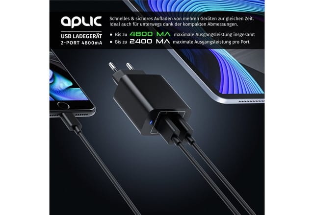 Aplic USB-Ladegerät 4800 mA, 2-Port Netzteil für Handy/Smartphone/Tablet, 4800mA - 2400mA je Port
