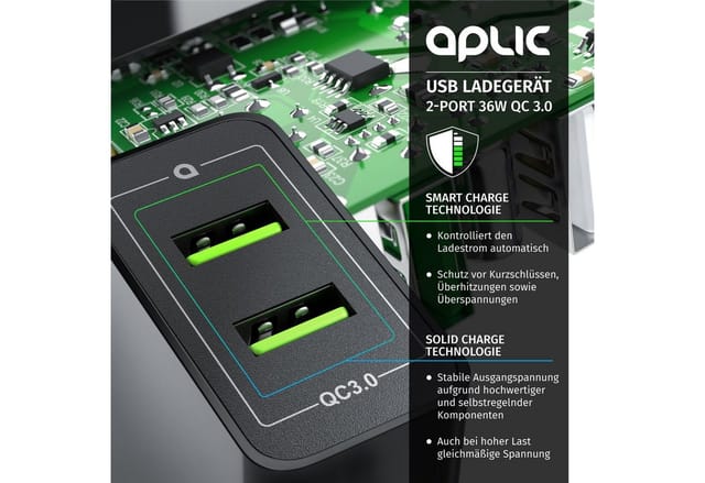 Aplic - 2-Port Quick Charge usb Ladegerät 36 w / 6000 mA / Schnellladefunktion