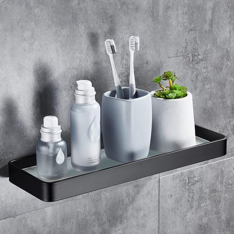 Bohrenfreie Duschablage, Wandregal Für Badezimmer, Caddy Mit Aufbewahrung, Rostfreier Organizer Aus Gehärtetem Glas Und Aluminium, Keine Beschädigungen, 30 Cm, Schwarz