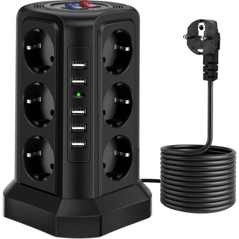 1,8 M Steckerleiste Mit Abschaltfunktion (2500 W), 12 Steckdosen Und 5 Usb-anschlüsse, Turm-steckdosenleiste Mit Schalter-schutz, Schwarz