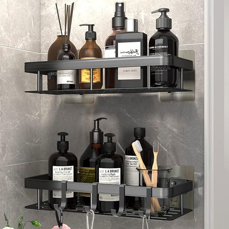 2er-set Duschregal Ohne Bohren, Wandregal Badezimmer Aluminium Mit 4 Haken, Selbstklebender Duschhalter Für Bad/küche/schlafzimmer