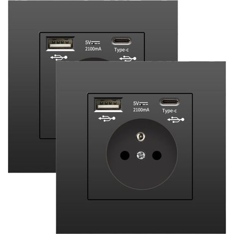 2er-set Wandsteckdosen Mit Usb Und Typ-c, 5 V 2,1 A, Eingebaute Standard-ue-usb-steckdose, Französische Mehrfachsteckdose, 110-250 V (schwarz)