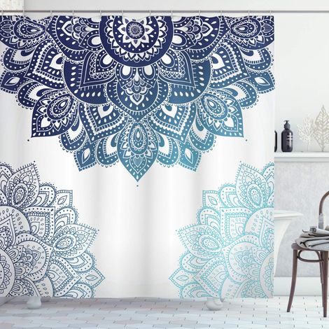 Duschvorhang, Lebendige Bunte Mandala, Stoff-badezimmer-dekor-set Mit Haken, 180x200 Cm, Hellblau Dunkelblau