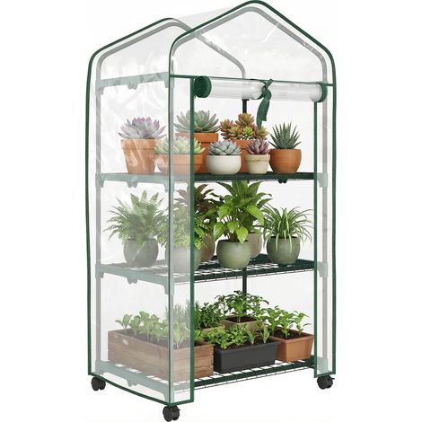 Mini-gewächshaus Mit 3 Regalen. Hochdichte Pvc-plane. Rolltür, 4 Rollen, 69 X 49 X 130 Cm, Transparent