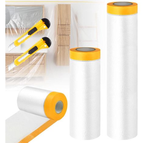 Abdeckfolienrollen Mit Klebeband, Transparente Schutzfolie Zum Streichen, Staubabweisende Folie Zum Schutz Von Möbeln Und Böden + 2 Schneidwerkzeuge