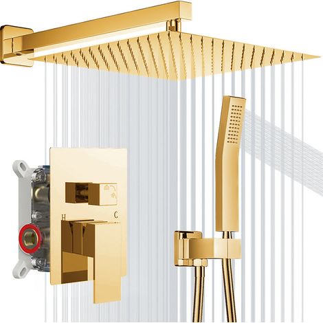Eingebaute Thermostatische Duschsäule, Einbau-duschset Mit Großem Regenduschkopf, Eingebautes Duschsystem Aus Goldfarbenem Messing