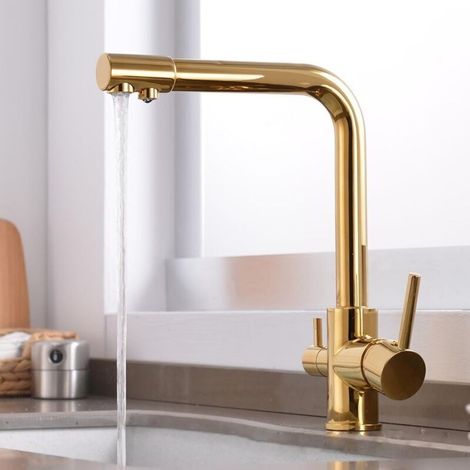 Drei-wege-küchenarmatur, Goldener Filter-küchenarmatur, 360° Drehbarer Küchenarmatur Mit Zwei Griffen (gold)