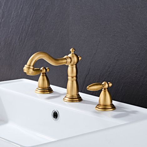 Antiker Goldener Messing-waschtischmischer Im Europäischen Stil, Doppelgriff-mischer Für Warmes Und Kaltes Wasser, Retro-wasserhahn Mit Schlauch