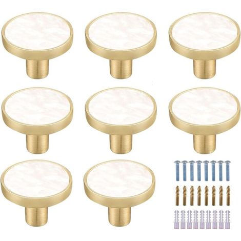 8er-set Runder Schrankknöpfe Aus Weißem Marmor-messing – Goldene Oberfläche – Durchmesser 32 Mm – 24-mm-schrauben Für Einfache Montage