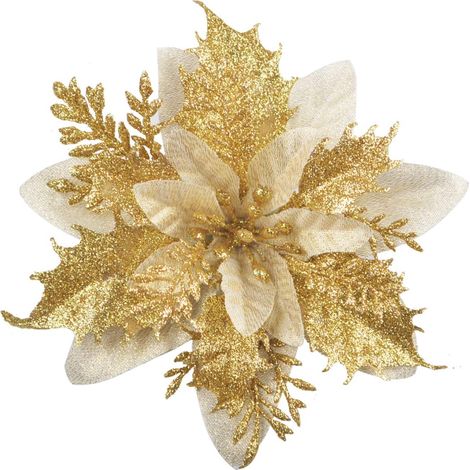 Set Aus 12 Glitzernden Weihnachtsblumen (15 Cm) Mit 12 Künstlichen Weihnachtssternen Für Den Weihnachtsbaum (gold)