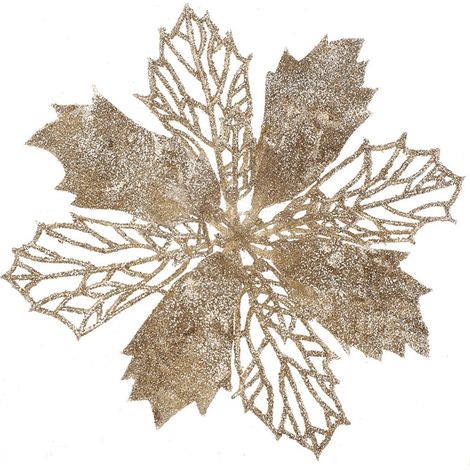 Champagne D'Or Set Aus 12 Künstlichen Poinsettien Mit Glitzer Für Den Weihnachtsbaum, 16 Cm Durchmesser