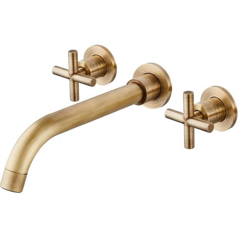 Wandmontierter Badezimmer-waschbecken-wasserhahn, Doppelgriff, 3 Löcher, Breiter Mischwasserhahn Mit Rohventil, Doppelte Kreuzgriffe, Antikes Messing