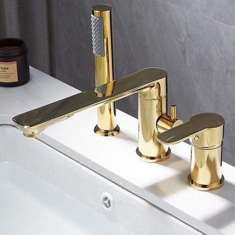 3-loch Badewannen-duschset, Getrennt, Messingkörper, Wandmontage, Gold