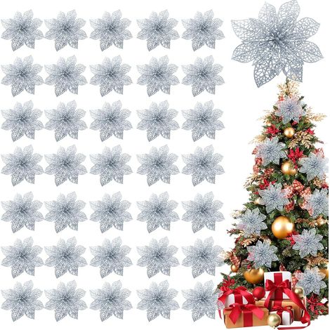 3er Set Weihnachtsdekorationen In Form Von Glitzernden Weihnachtssternen Für Den Weihnachtsbaum, 4 Zoll, Künstliche Seidenblumen Für Weihnachtskränze, Feiertagsdekoration (königssilber)