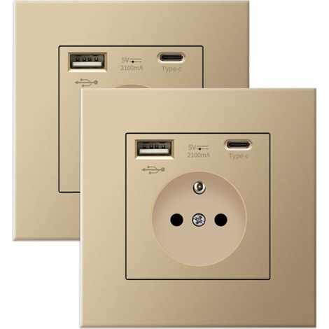 2er-set Wandsteckdosen Mit Usb Und Typ-c, 5 V 2,1 A, Eingelassene Standard-ue-usb-steckdose, Französische Mehrfachsteckdose, 110-250 V (gold)