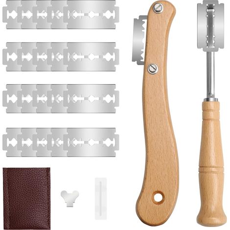 Brotmesserset, Holzbrotmesser Mit 20 Edelstahlklingen, Manueller Teigschneider, Backzubehör, 1 Set